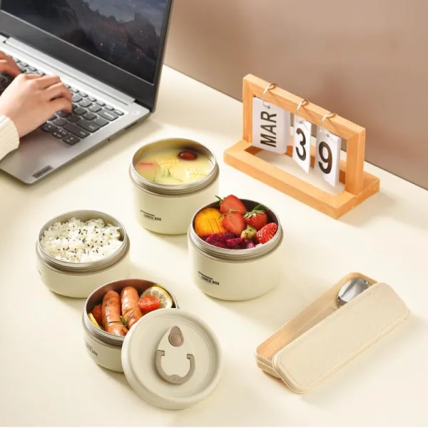 Stainless Steel Bento Box for Lunch, Portable Insulated Food Container Set with Thermal Lunch Box