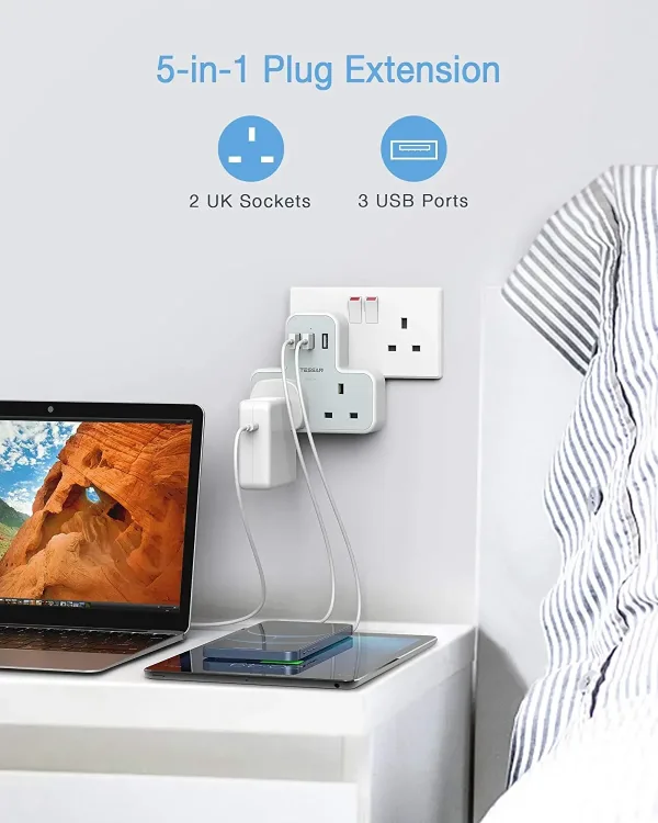 Multi Plug Socket USB Charger Multi Plug Adapter with 2 Outlets and 3 USB Hub