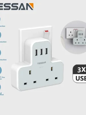 Multi Plug Socket USB Charger Multi Plug Adapter with 2 Outlets and 3 USB Hub